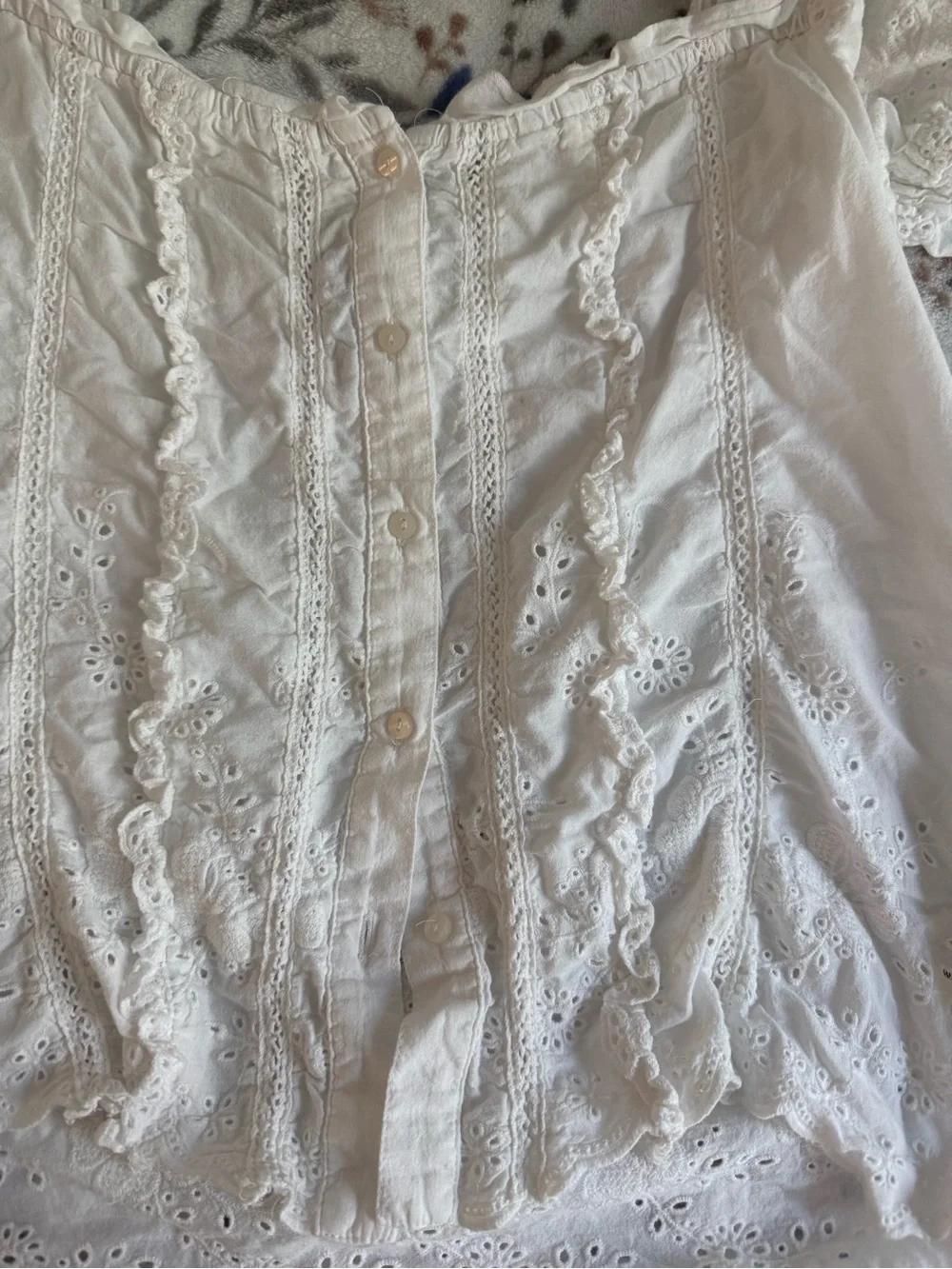 Anthropologie White Eyelet Ruffle Button-Front Blouse